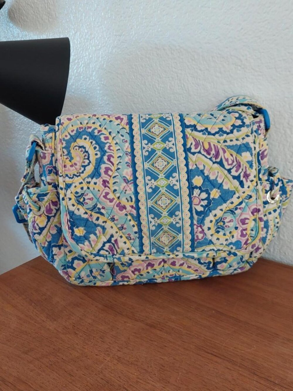 Vera Bradley capri blue blue, purple, and yellow paisley and geometric print cro